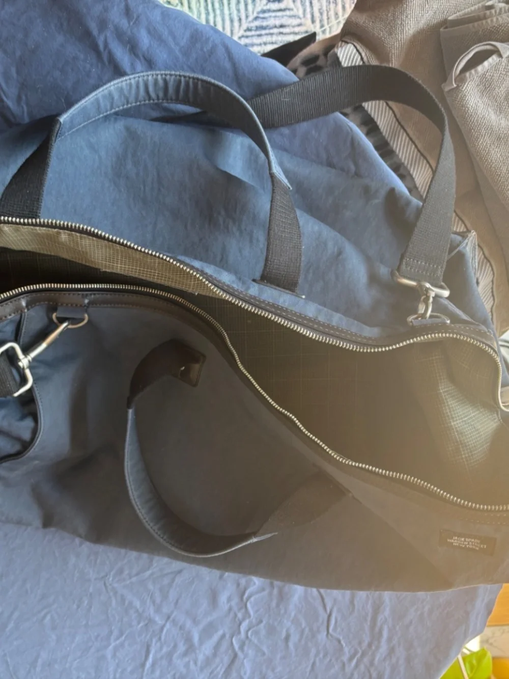 J Crew Warren Street Weekender Duffle Bag. Navy Canvas with Brown leather base